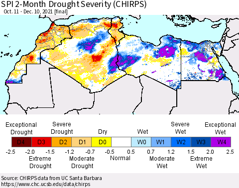 North Africa SPI 2-Month Drought Severity (CHIRPS) Thematic Map For 10/11/2021 - 12/10/2021