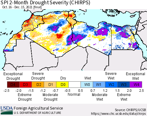 North Africa SPI 2-Month Drought Severity (CHIRPS) Thematic Map For 10/16/2021 - 12/15/2021