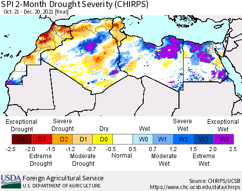 North Africa SPI 2-Month Drought Severity (CHIRPS) Thematic Map For 10/21/2021 - 12/20/2021
