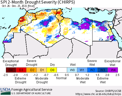 North Africa SPI 2-Month Drought Severity (CHIRPS) Thematic Map For 10/26/2021 - 12/25/2021