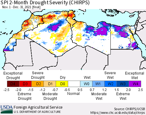 North Africa SPI 2-Month Drought Severity (CHIRPS) Thematic Map For 11/1/2021 - 12/31/2021
