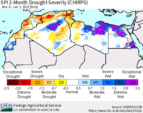 North Africa SPI 2-Month Drought Severity (CHIRPS) Thematic Map For 11/6/2021 - 1/5/2022
