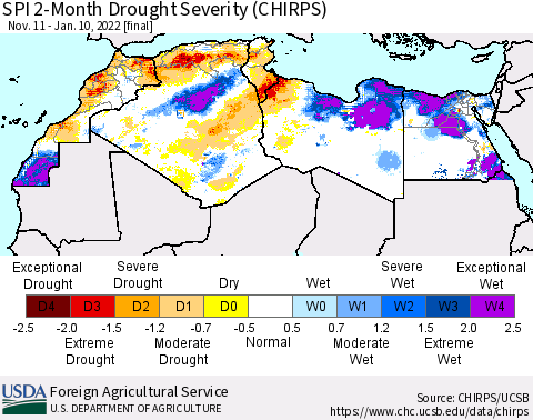North Africa SPI 2-Month Drought Severity (CHIRPS) Thematic Map For 11/11/2021 - 1/10/2022