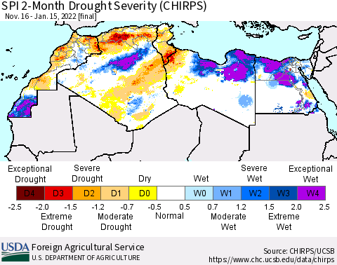North Africa SPI 2-Month Drought Severity (CHIRPS) Thematic Map For 11/16/2021 - 1/15/2022