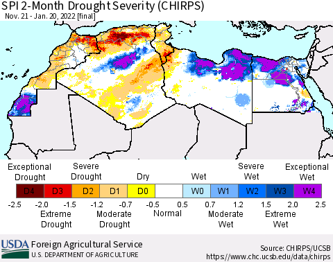 North Africa SPI 2-Month Drought Severity (CHIRPS) Thematic Map For 11/21/2021 - 1/20/2022