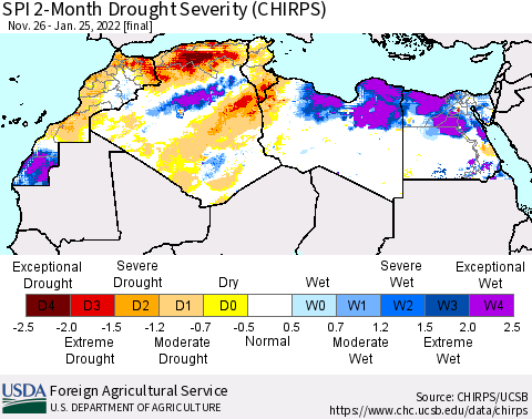 North Africa SPI 2-Month Drought Severity (CHIRPS) Thematic Map For 11/26/2021 - 1/25/2022