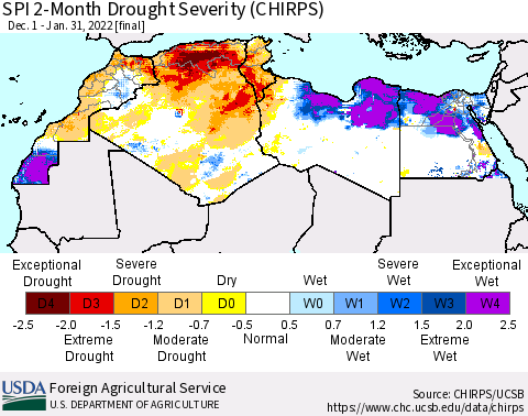North Africa SPI 2-Month Drought Severity (CHIRPS) Thematic Map For 12/1/2021 - 1/31/2022