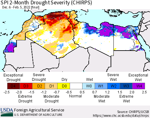 North Africa SPI 2-Month Drought Severity (CHIRPS) Thematic Map For 12/6/2021 - 2/5/2022