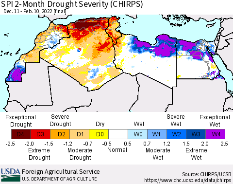 North Africa SPI 2-Month Drought Severity (CHIRPS) Thematic Map For 12/11/2021 - 2/10/2022