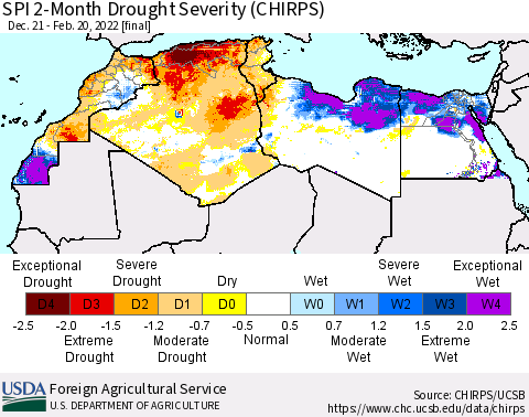 North Africa SPI 2-Month Drought Severity (CHIRPS) Thematic Map For 12/21/2021 - 2/20/2022