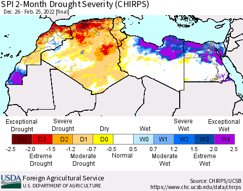 North Africa SPI 2-Month Drought Severity (CHIRPS) Thematic Map For 12/26/2021 - 2/25/2022