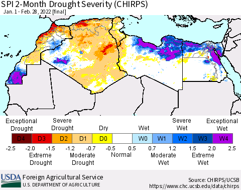 North Africa SPI 2-Month Drought Severity (CHIRPS) Thematic Map For 1/1/2022 - 2/28/2022