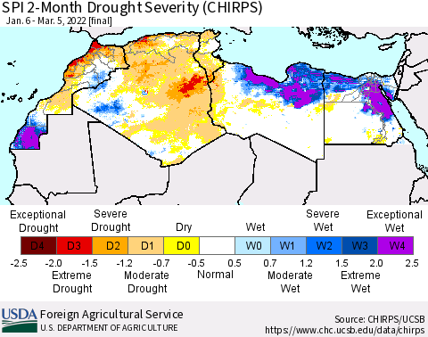 North Africa SPI 2-Month Drought Severity (CHIRPS) Thematic Map For 1/6/2022 - 3/5/2022
