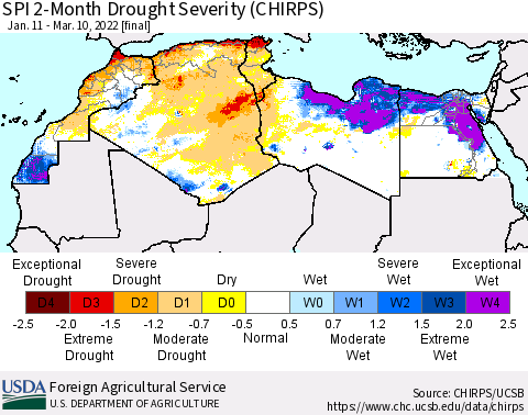 North Africa SPI 2-Month Drought Severity (CHIRPS) Thematic Map For 1/11/2022 - 3/10/2022