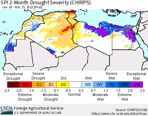 North Africa SPI 2-Month Drought Severity (CHIRPS) Thematic Map For 1/16/2022 - 3/15/2022