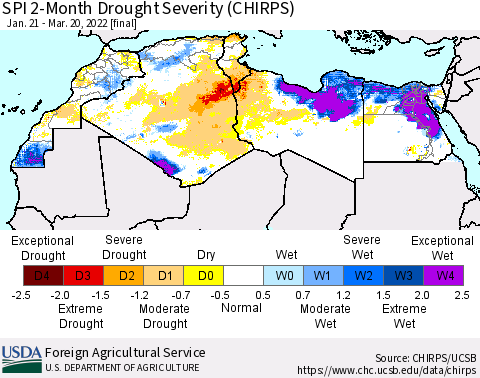 North Africa SPI 2-Month Drought Severity (CHIRPS) Thematic Map For 1/21/2022 - 3/20/2022