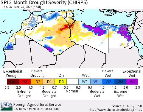 North Africa SPI 2-Month Drought Severity (CHIRPS) Thematic Map For 1/26/2022 - 3/25/2022