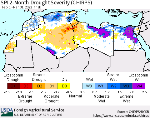 North Africa SPI 2-Month Drought Severity (CHIRPS) Thematic Map For 2/1/2022 - 3/31/2022