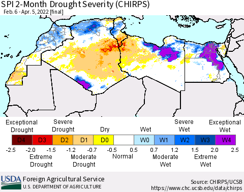 North Africa SPI 2-Month Drought Severity (CHIRPS) Thematic Map For 2/6/2022 - 4/5/2022