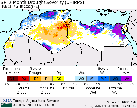 North Africa SPI 2-Month Drought Severity (CHIRPS) Thematic Map For 2/16/2022 - 4/15/2022