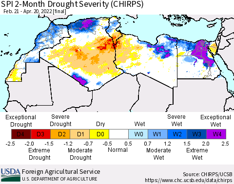 North Africa SPI 2-Month Drought Severity (CHIRPS) Thematic Map For 2/21/2022 - 4/20/2022