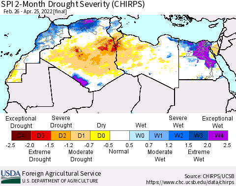 North Africa SPI 2-Month Drought Severity (CHIRPS) Thematic Map For 2/26/2022 - 4/25/2022