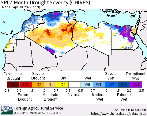 North Africa SPI 2-Month Drought Severity (CHIRPS) Thematic Map For 3/1/2022 - 4/30/2022