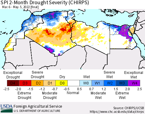North Africa SPI 2-Month Drought Severity (CHIRPS) Thematic Map For 3/6/2022 - 5/5/2022