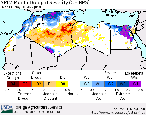 North Africa SPI 2-Month Drought Severity (CHIRPS) Thematic Map For 3/11/2022 - 5/10/2022