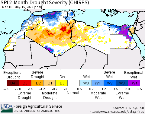 North Africa SPI 2-Month Drought Severity (CHIRPS) Thematic Map For 3/16/2022 - 5/15/2022