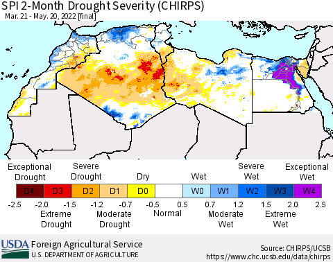 North Africa SPI 2-Month Drought Severity (CHIRPS) Thematic Map For 3/21/2022 - 5/20/2022