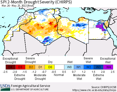 North Africa SPI 2-Month Drought Severity (CHIRPS) Thematic Map For 3/26/2022 - 5/25/2022