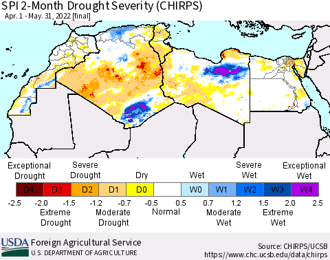 North Africa SPI 2-Month Drought Severity (CHIRPS) Thematic Map For 4/1/2022 - 5/31/2022