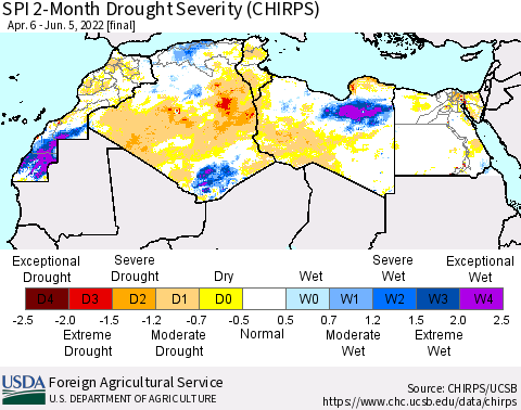 North Africa SPI 2-Month Drought Severity (CHIRPS) Thematic Map For 4/6/2022 - 6/5/2022