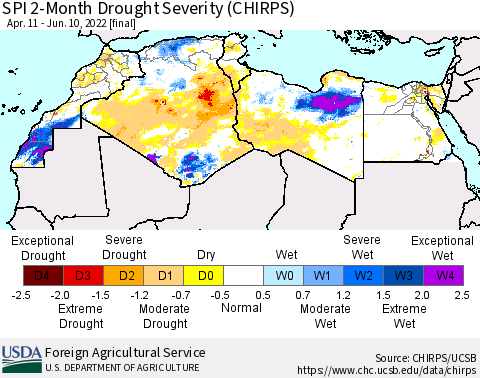 North Africa SPI 2-Month Drought Severity (CHIRPS) Thematic Map For 4/11/2022 - 6/10/2022