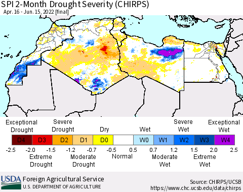 North Africa SPI 2-Month Drought Severity (CHIRPS) Thematic Map For 4/16/2022 - 6/15/2022