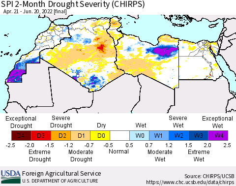 North Africa SPI 2-Month Drought Severity (CHIRPS) Thematic Map For 4/21/2022 - 6/20/2022