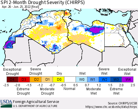 North Africa SPI 2-Month Drought Severity (CHIRPS) Thematic Map For 4/26/2022 - 6/25/2022