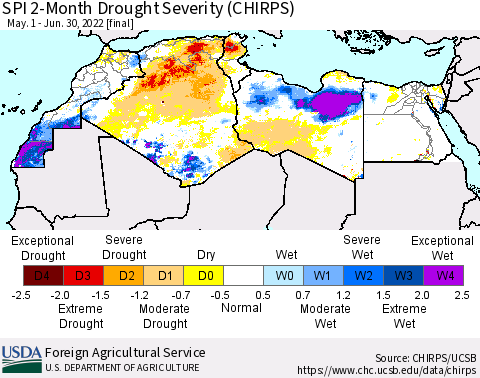 North Africa SPI 2-Month Drought Severity (CHIRPS) Thematic Map For 5/1/2022 - 6/30/2022