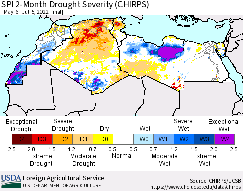 North Africa SPI 2-Month Drought Severity (CHIRPS) Thematic Map For 5/6/2022 - 7/5/2022