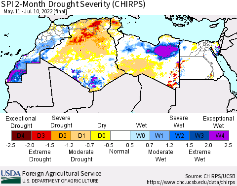 North Africa SPI 2-Month Drought Severity (CHIRPS) Thematic Map For 5/11/2022 - 7/10/2022