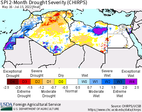 North Africa SPI 2-Month Drought Severity (CHIRPS) Thematic Map For 5/16/2022 - 7/15/2022