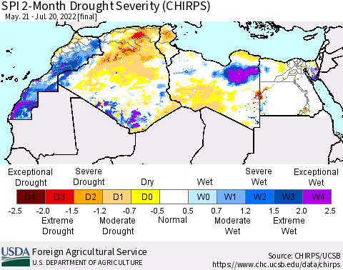 North Africa SPI 2-Month Drought Severity (CHIRPS) Thematic Map For 5/21/2022 - 7/20/2022