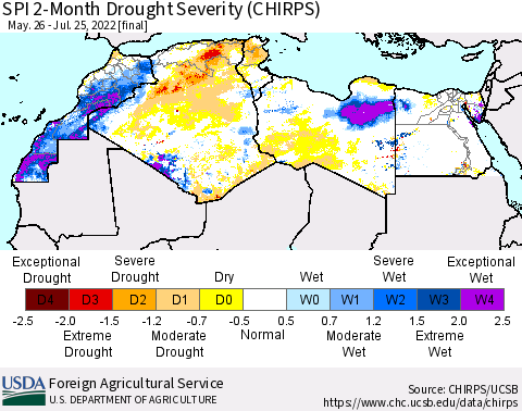 North Africa SPI 2-Month Drought Severity (CHIRPS) Thematic Map For 5/26/2022 - 7/25/2022