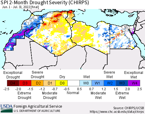 North Africa SPI 2-Month Drought Severity (CHIRPS) Thematic Map For 6/1/2022 - 7/31/2022