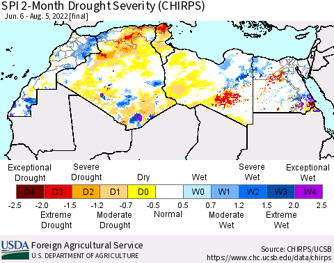 North Africa SPI 2-Month Drought Severity (CHIRPS) Thematic Map For 6/6/2022 - 8/5/2022