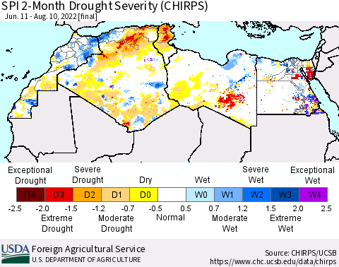 North Africa SPI 2-Month Drought Severity (CHIRPS) Thematic Map For 6/11/2022 - 8/10/2022