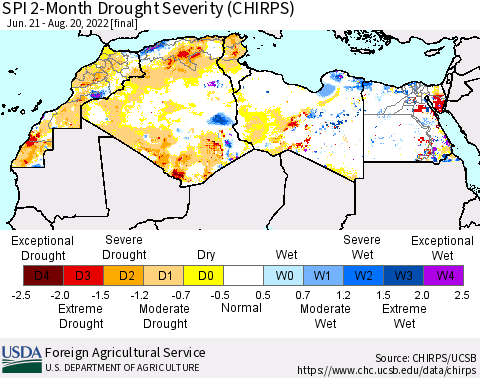 North Africa SPI 2-Month Drought Severity (CHIRPS) Thematic Map For 6/21/2022 - 8/20/2022