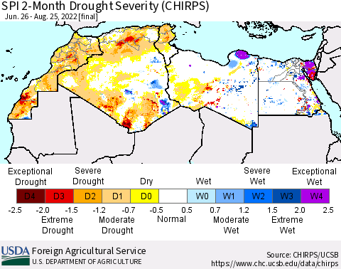 North Africa SPI 2-Month Drought Severity (CHIRPS) Thematic Map For 6/26/2022 - 8/25/2022