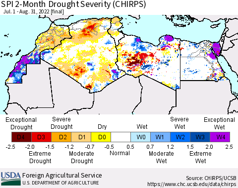 North Africa SPI 2-Month Drought Severity (CHIRPS) Thematic Map For 7/1/2022 - 8/31/2022